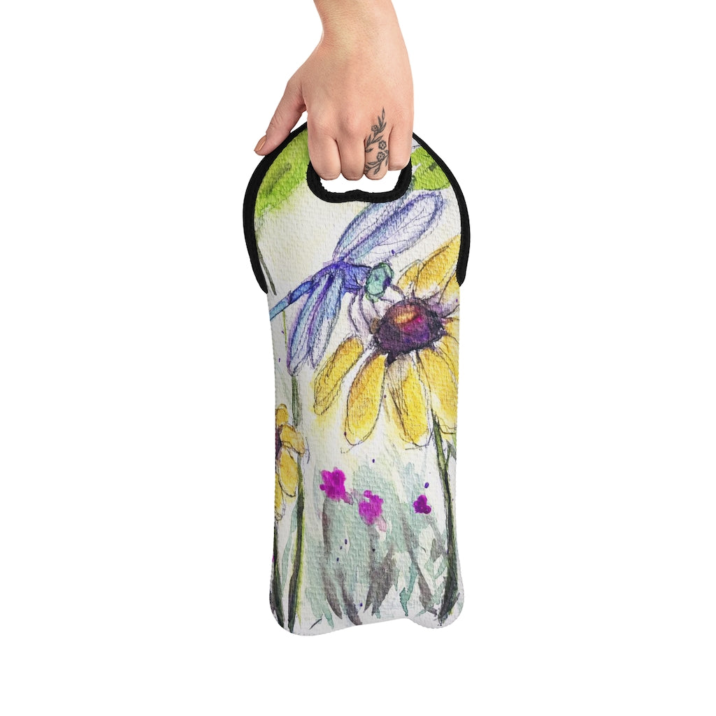 Original loose Floral Watercolor Dragonfly painting printed on usable Wine Tote Bag  Art Gift