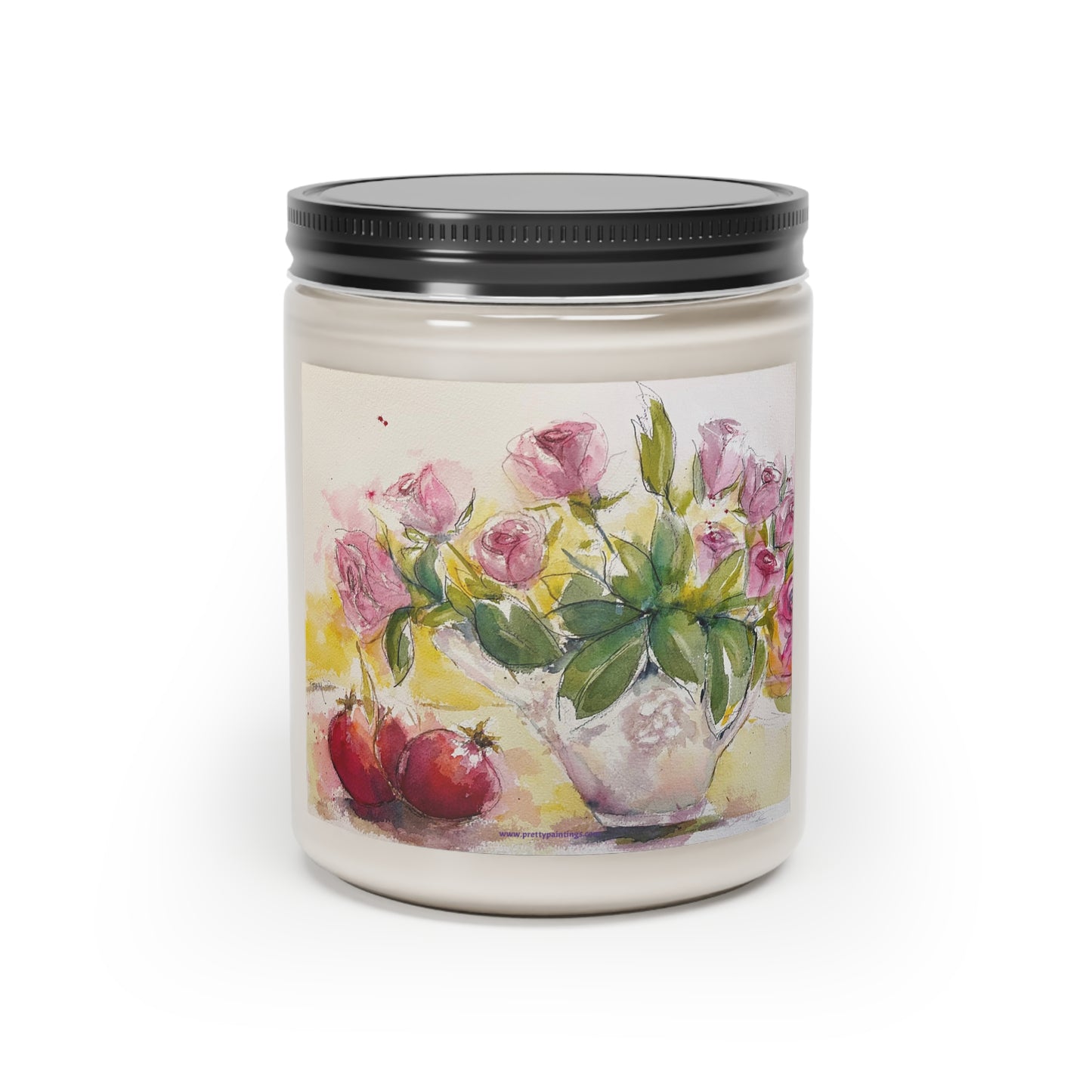 Roses and Pomegranates Loose Floral Watercolor Candle
