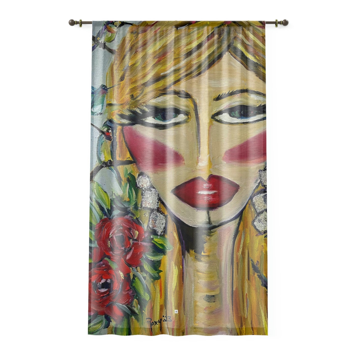 Hummingbird Lady #1 (left side) 84 x 50 inch Sheer Window Curtain