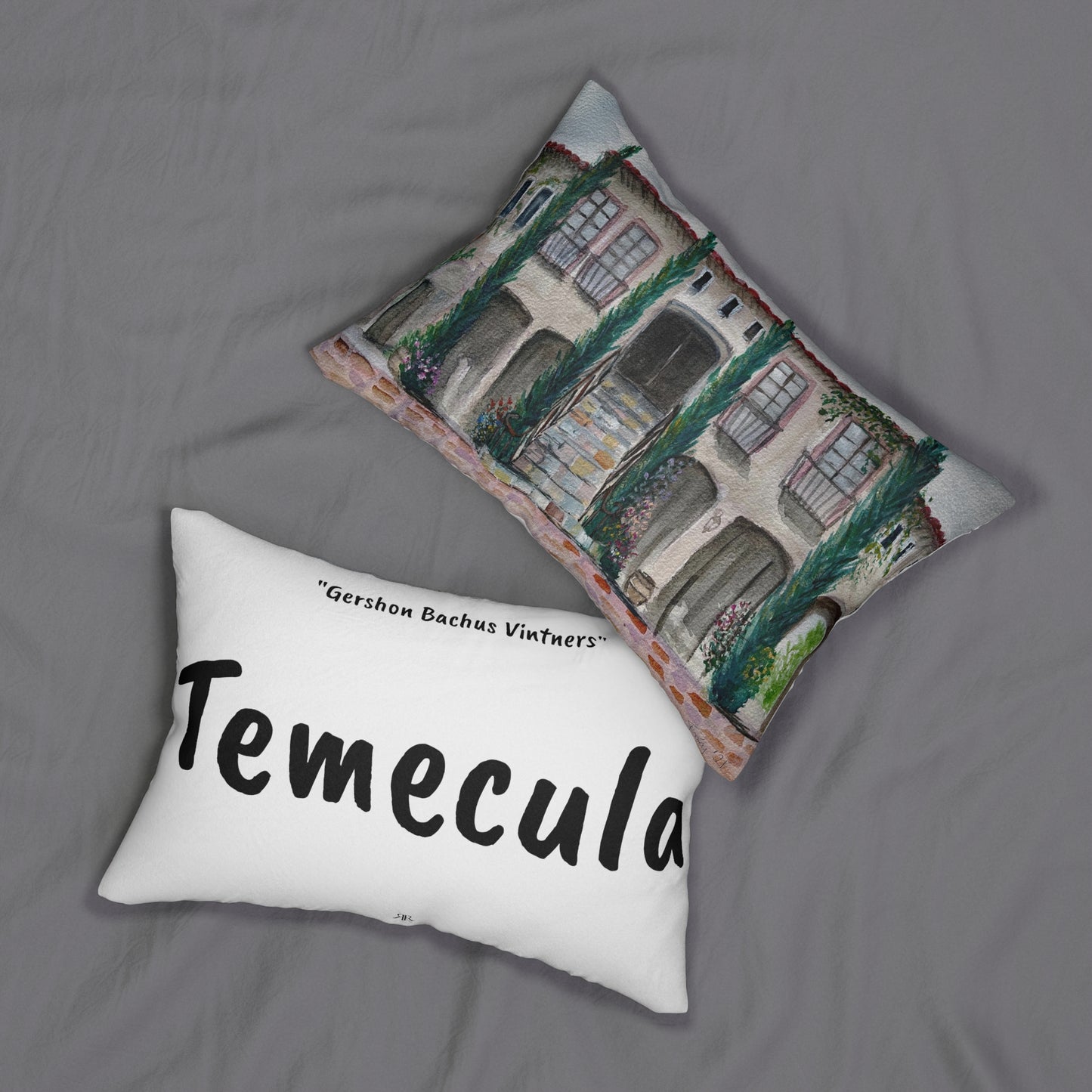 Temecula Lumbar Pillow featuring "Gershon Bachus Vintners" painting and "Temecula"