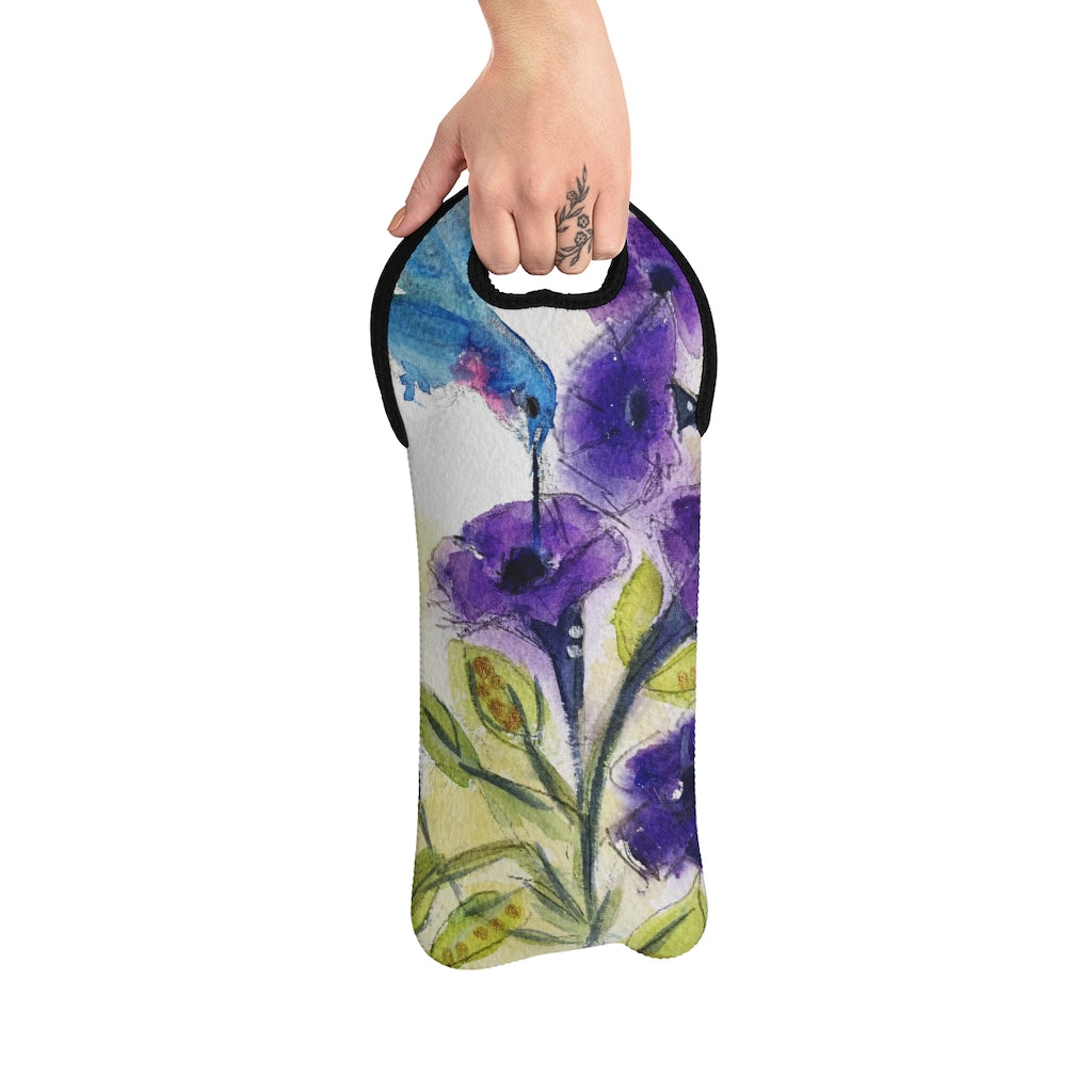 Original loose Floral Watercolor Hummingbird painting printed on usable Wine Tote Bag  Art Gift