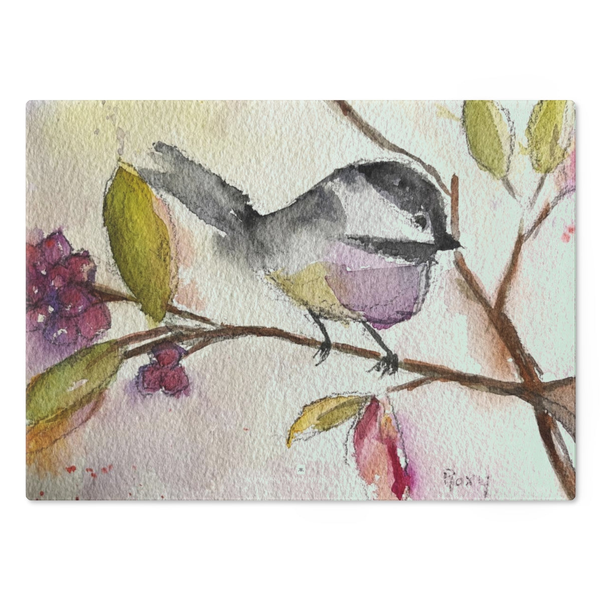 Chickadee in a Berry Tree Glass Cutting Board