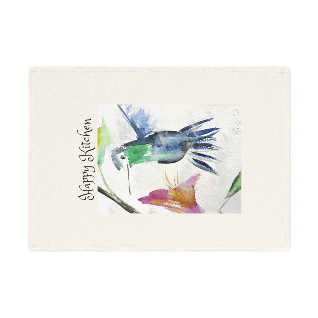 Organic Vegan Cotton Tea Towel with Happy Kitchen and Original Blue Hummingbird Watercolor  painting printed on it.