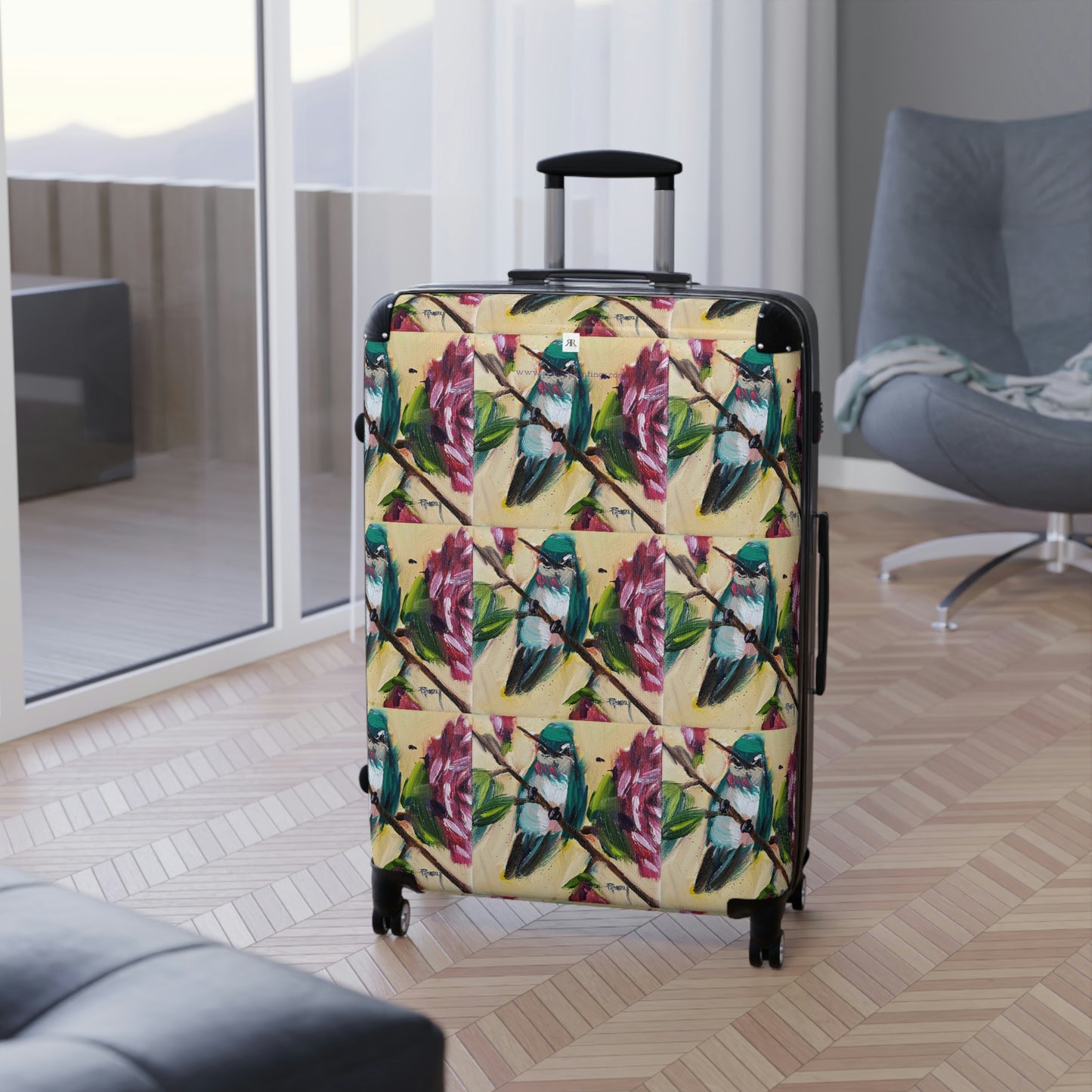 Hummingbird on a Rose Bush Patterned Carry on Suitcase (three sizes available)