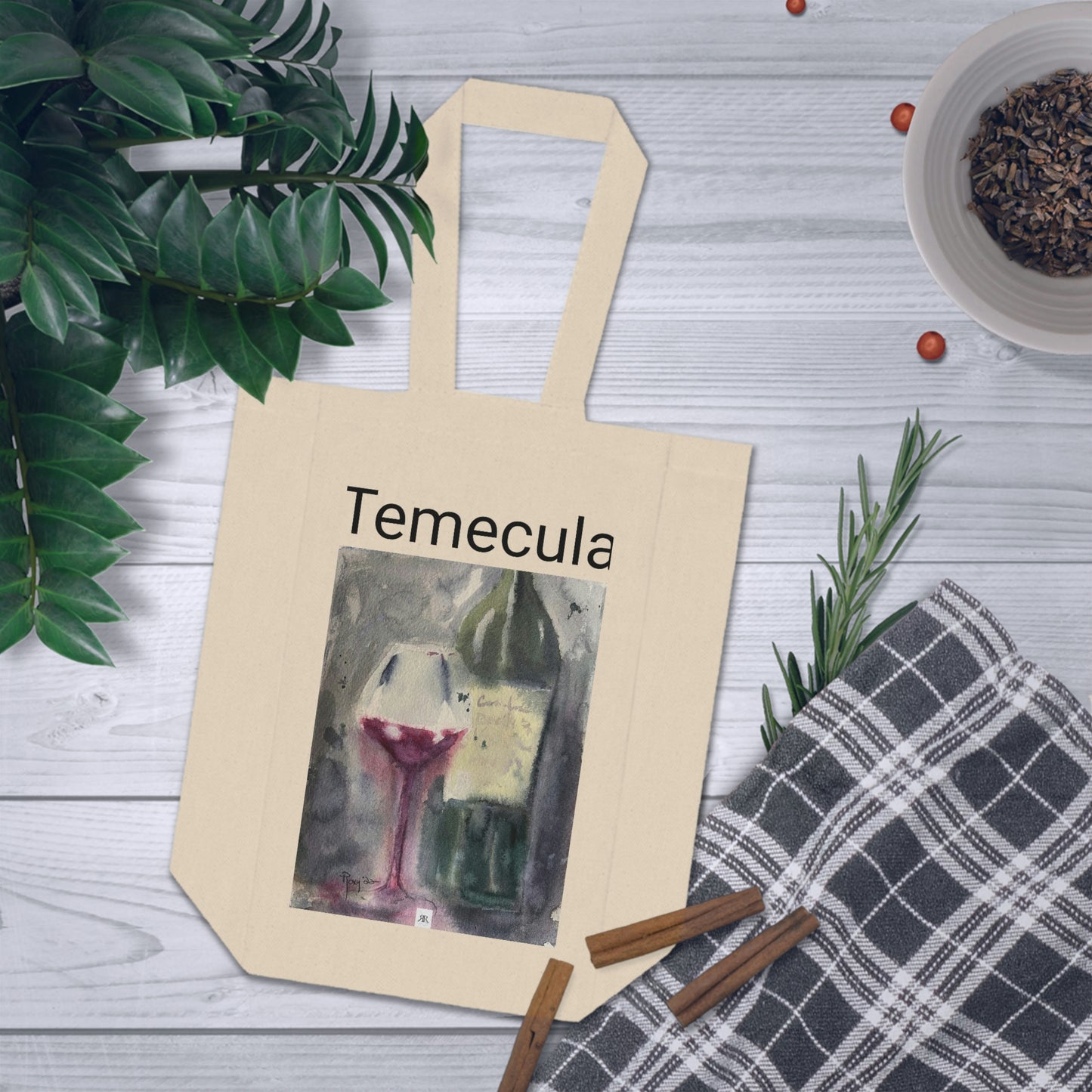 Temecula Double Wine Tote Bag featuring "Wine and Bottle" painting