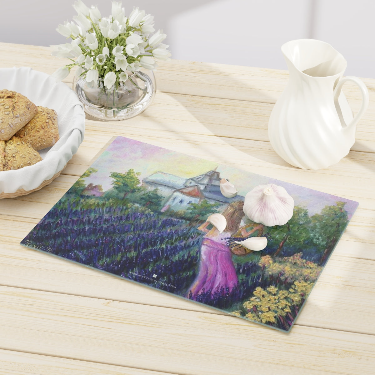 Girl in a Lavender Field Glass Cutting Board