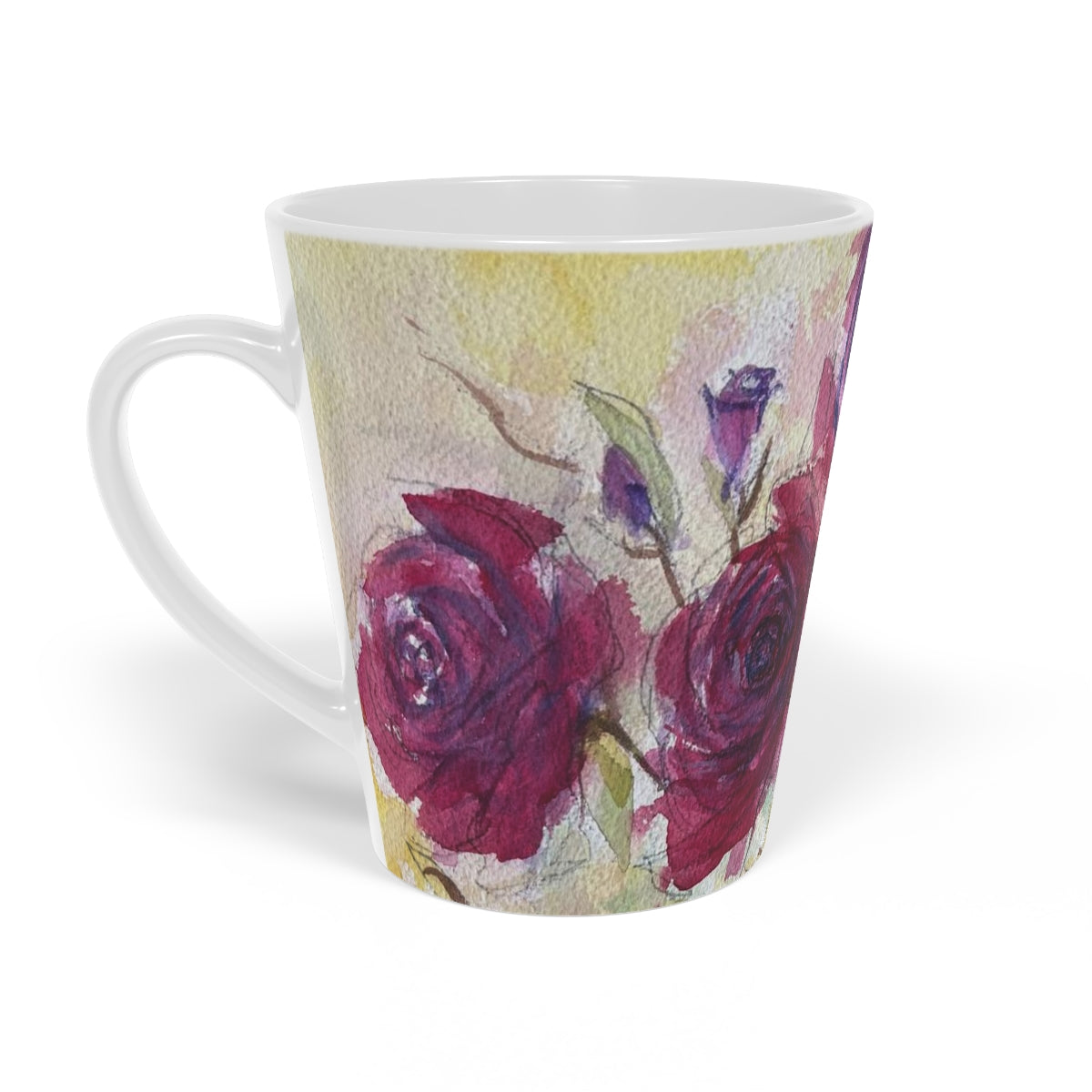 Taza de café con leche con rosas rojas esponjosas, 12 oz