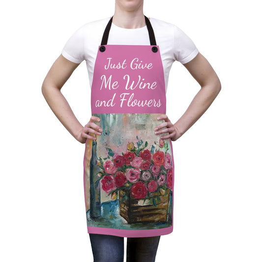 Donnez-moi juste du vin et des fleurs sur un tablier de cuisine rose