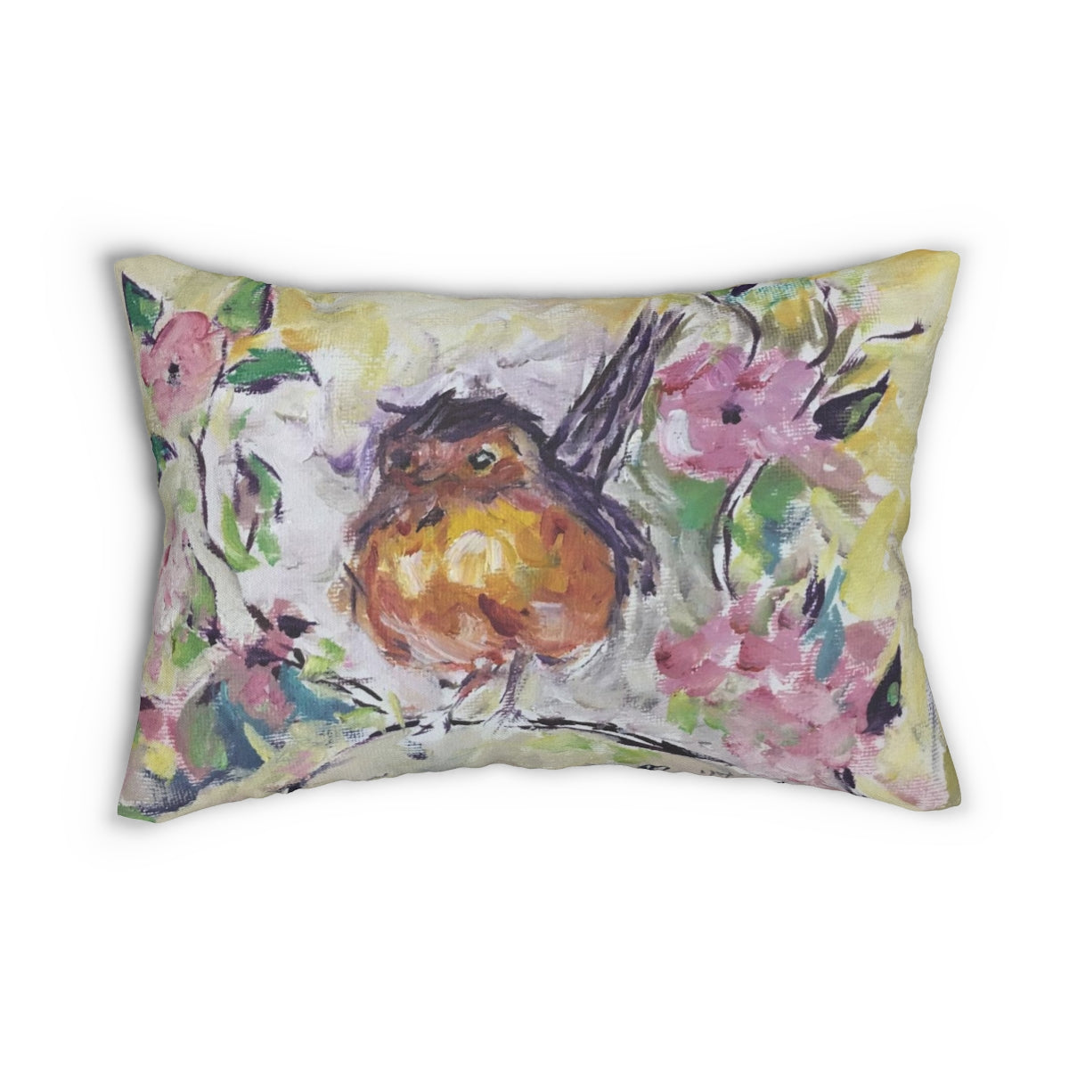 Robin in a Cherry Blossom Tree Lumbar Pillow