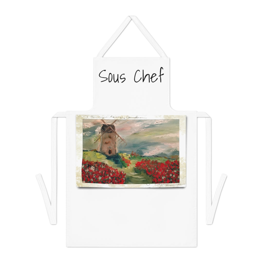 Sous Chef  Apron with Windmill in a Poppy field Original oil Landscape Painting printed on it Kitchen gift for cooks Chef