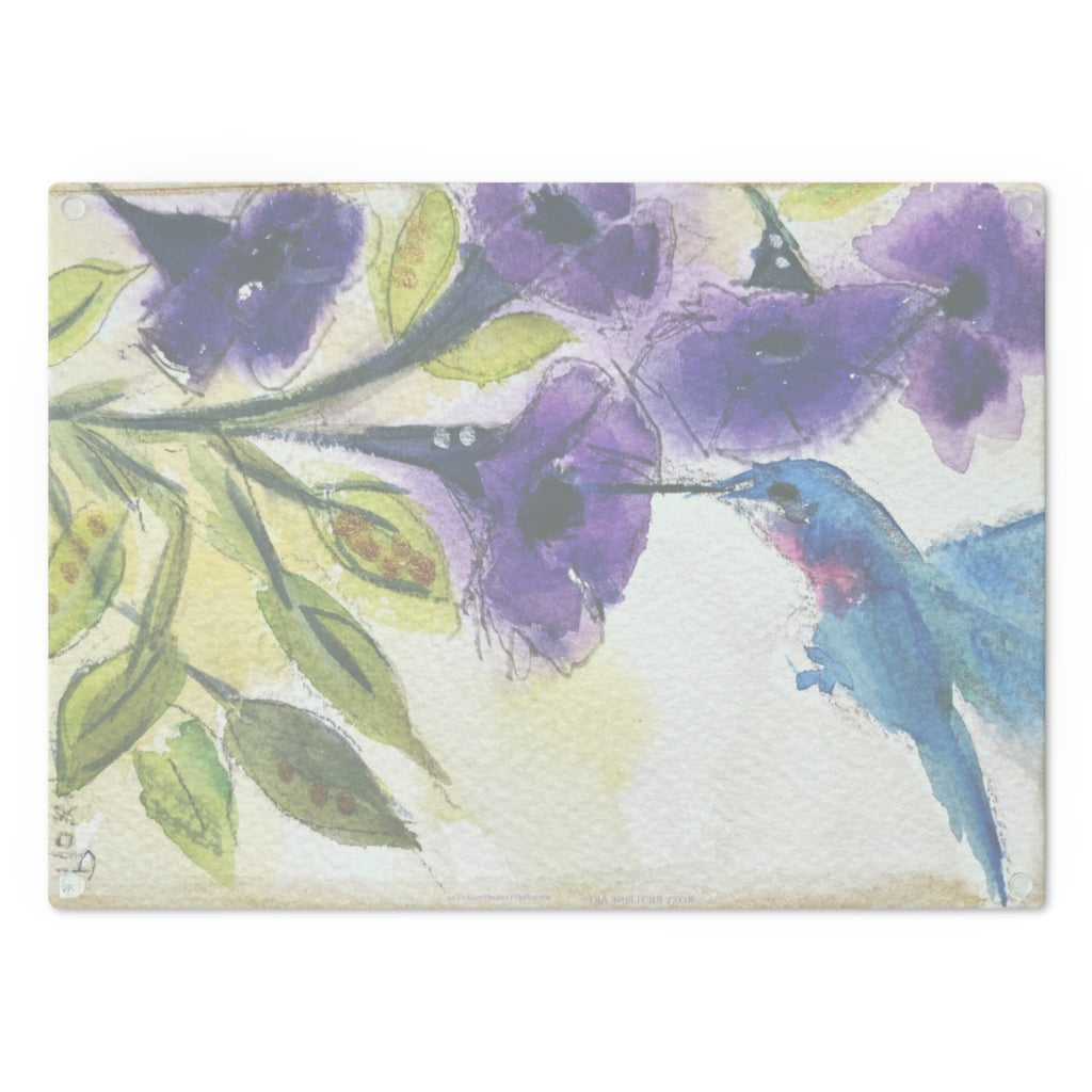Planche à découper en verre Colibri avec fleurs violettes