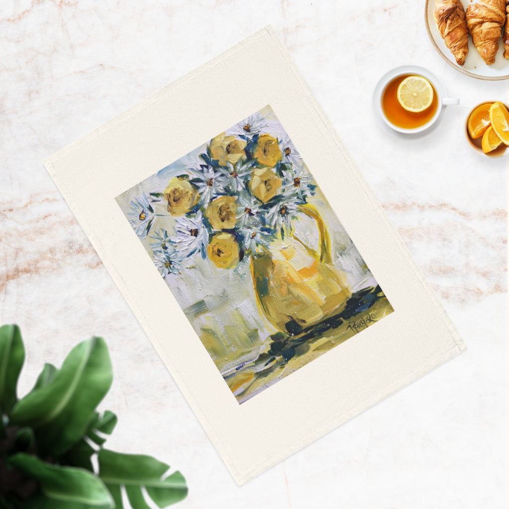 Paño de cocina de algodón orgánico vegano con cuadro al óleo original de Margaritas y Rosas Amarillas impreso en él.