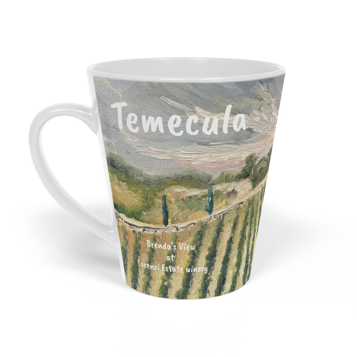 Taza Temecula Latte, 12 oz con pintura de viñedo "Brenda's View at Lorenzi Estate"