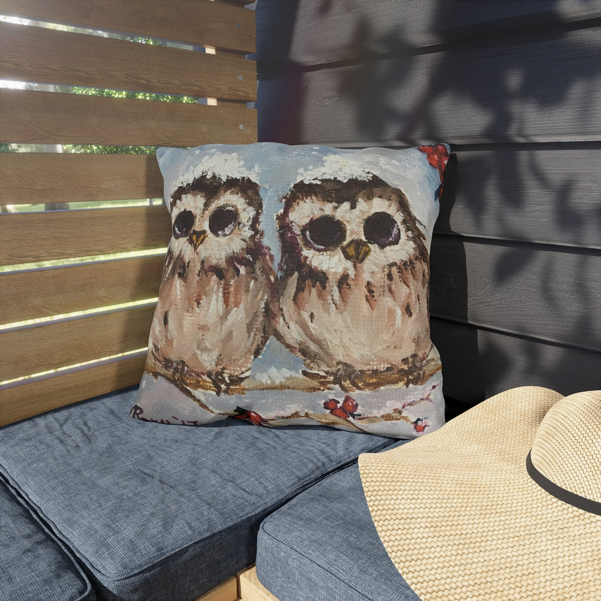 Adorable Baby Owls in Snow Outdoor Pillows