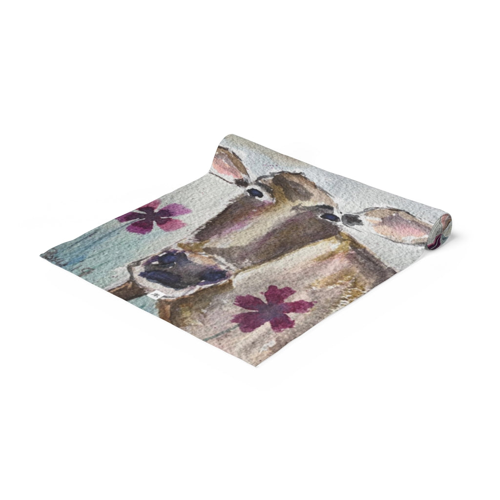 Adorable Loose Watercolor Cow Paintings printed on Table Runner for the Cow Lover Moo
