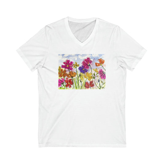 Cosmos Flowers-Camiseta unisex de manga corta con cuello en V
