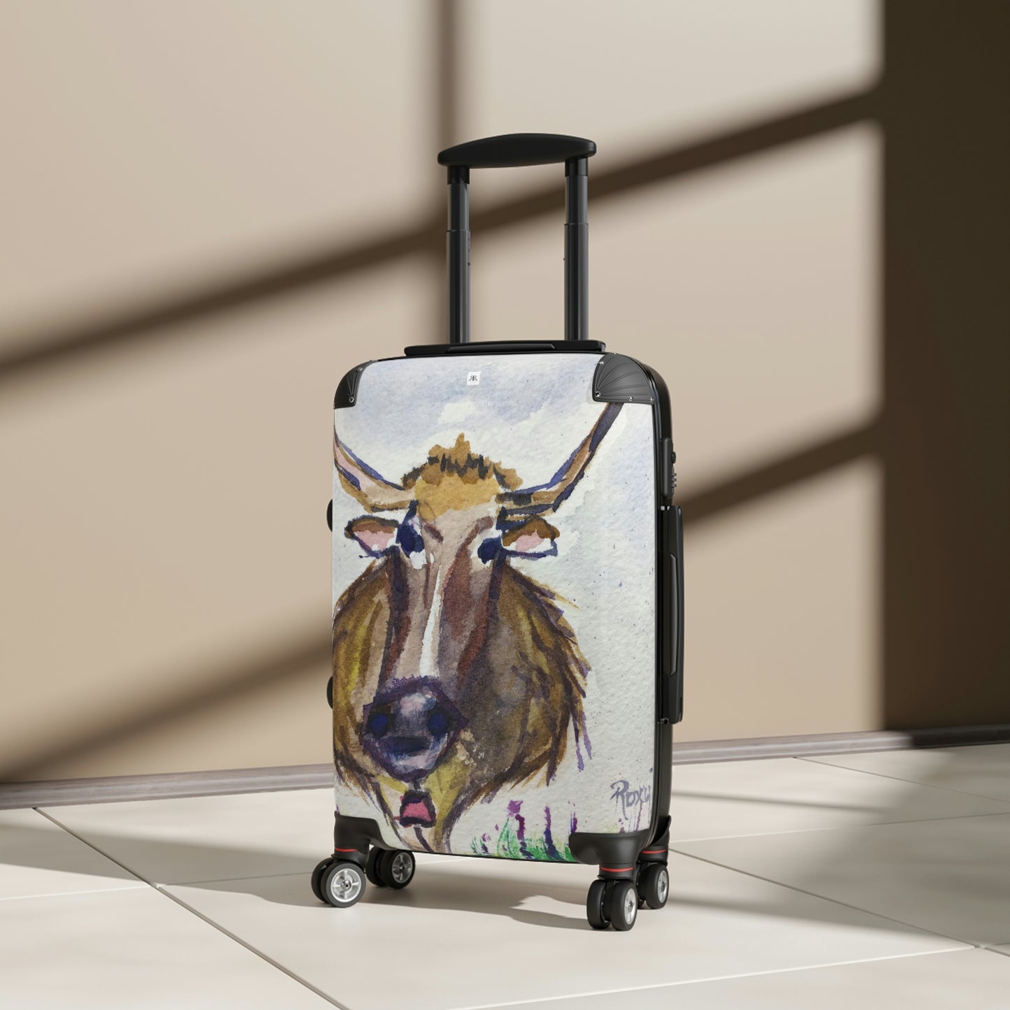 Maleta de mano con diseño de vaca en acuarela caprichosa de Lola Longhorn (tres tamaños disponibles)