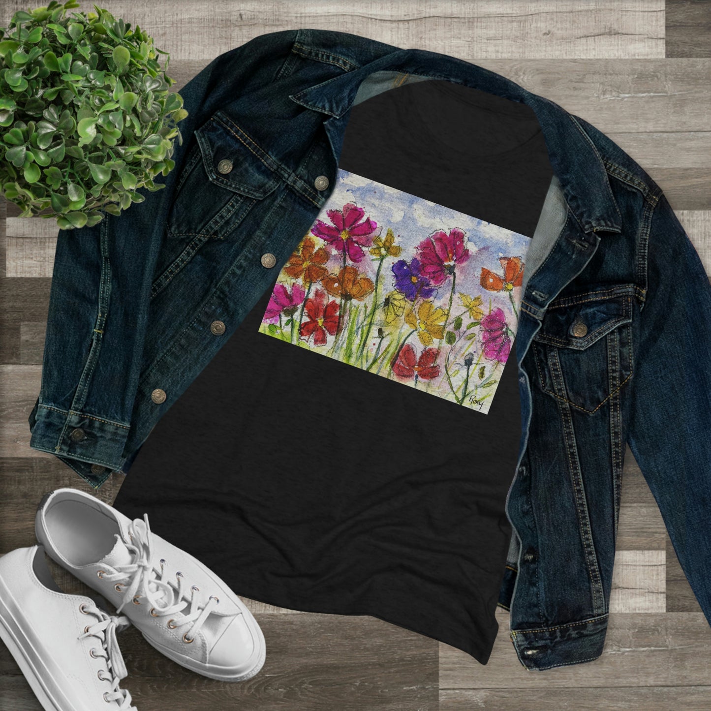 Cosmos Garden (imagen en el frente) Camiseta Triblend Tee ajustada para mujer