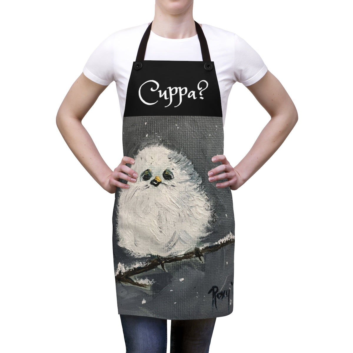 Cuppa? English UK phrase saying on a Black Kitchen Apron  with   Baby Tit  Bird in the Snow