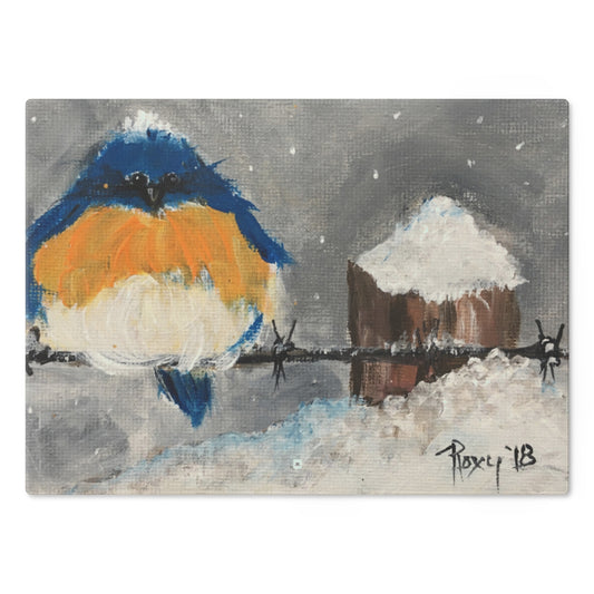Planche à découper en verre Fluffy Fat Bluebird dans la neige