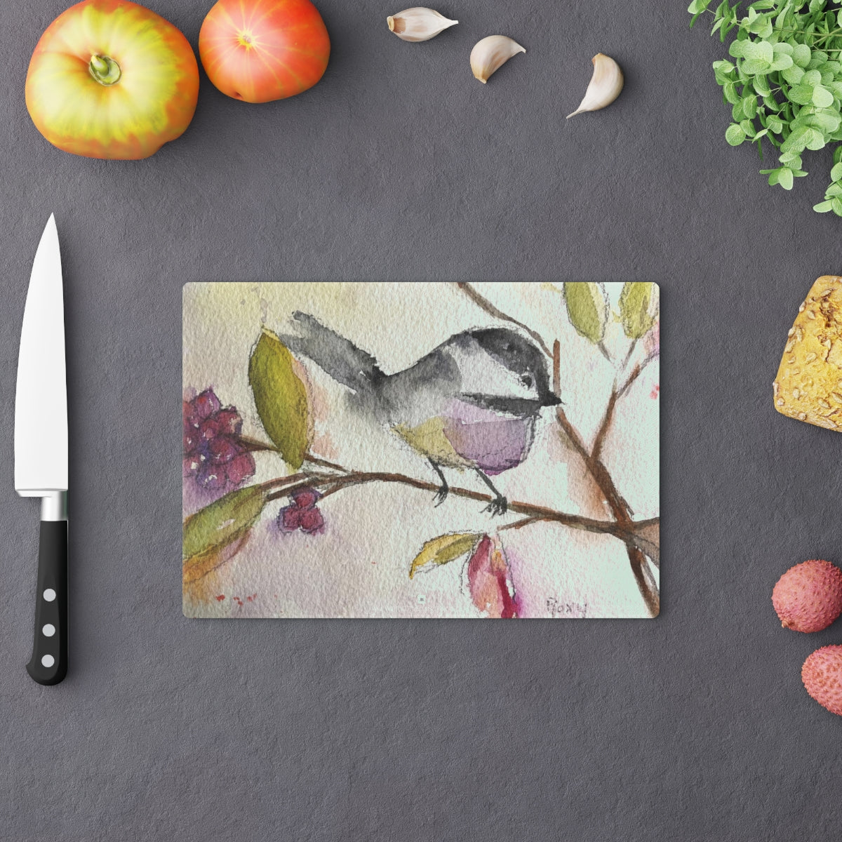 Chickadee in a Berry Tree Glass Cutting Board