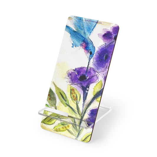 Support Pour Téléphone Colibri bleu avec fleurs en tube violet