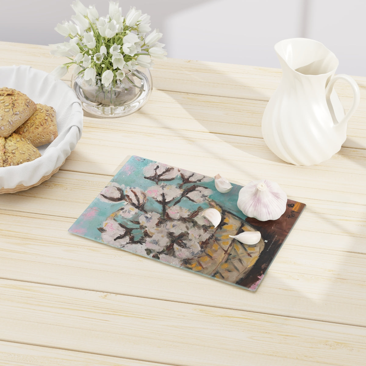 Basket of Fluffy Cotton Glass Cutting Board