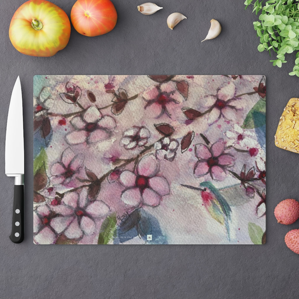 Hummingbird in Cherry Blossoms Glass Cutting Board