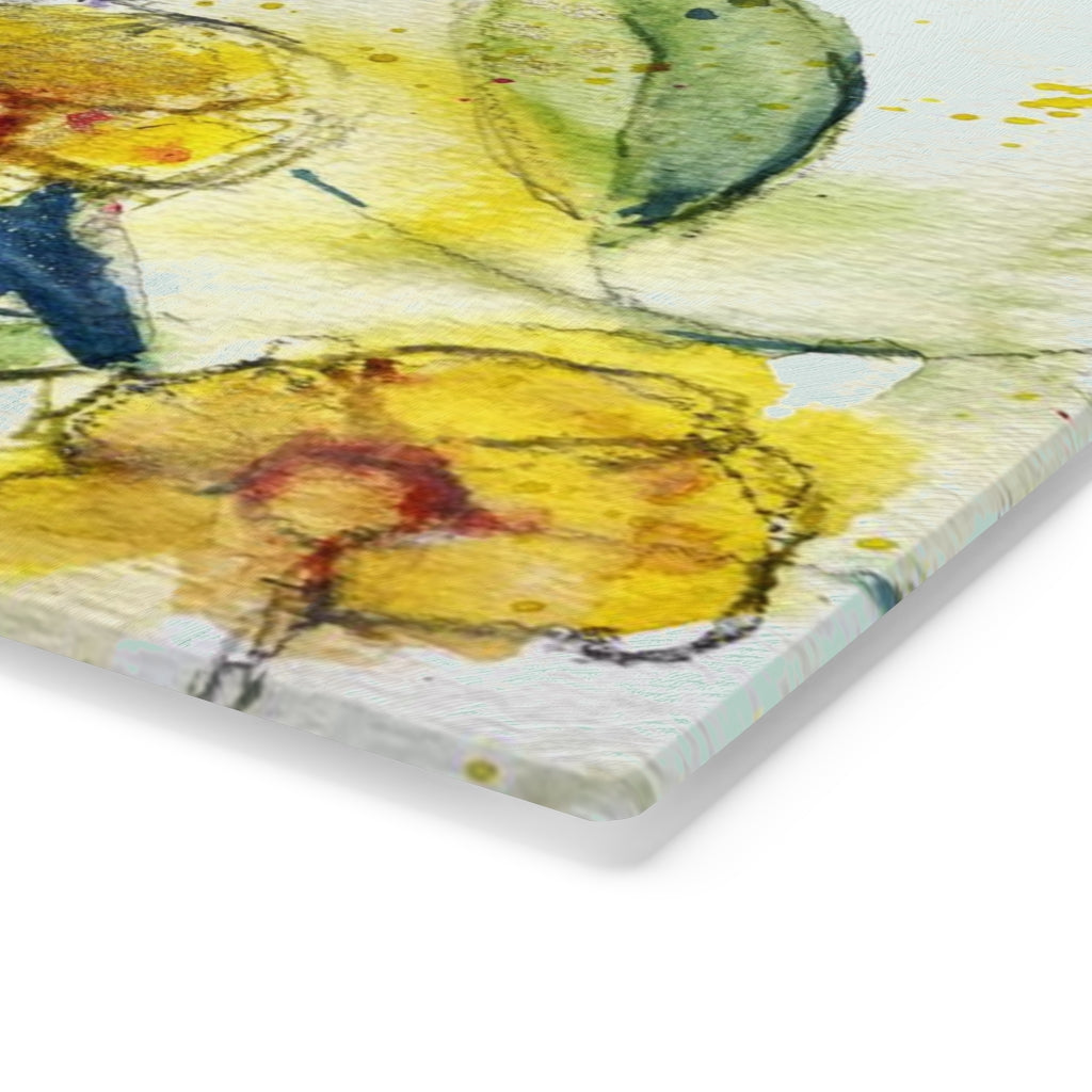 Hummingbird in Yellow Tube Flowers Glass Cutting Board
