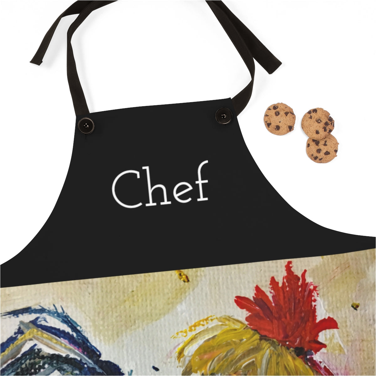 Tablier de cuisine noir de chef avec peinture originale de coq Impression d’art portable
