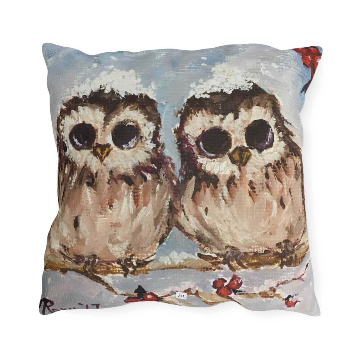 Adorable Baby Owls in Snow Outdoor Pillows