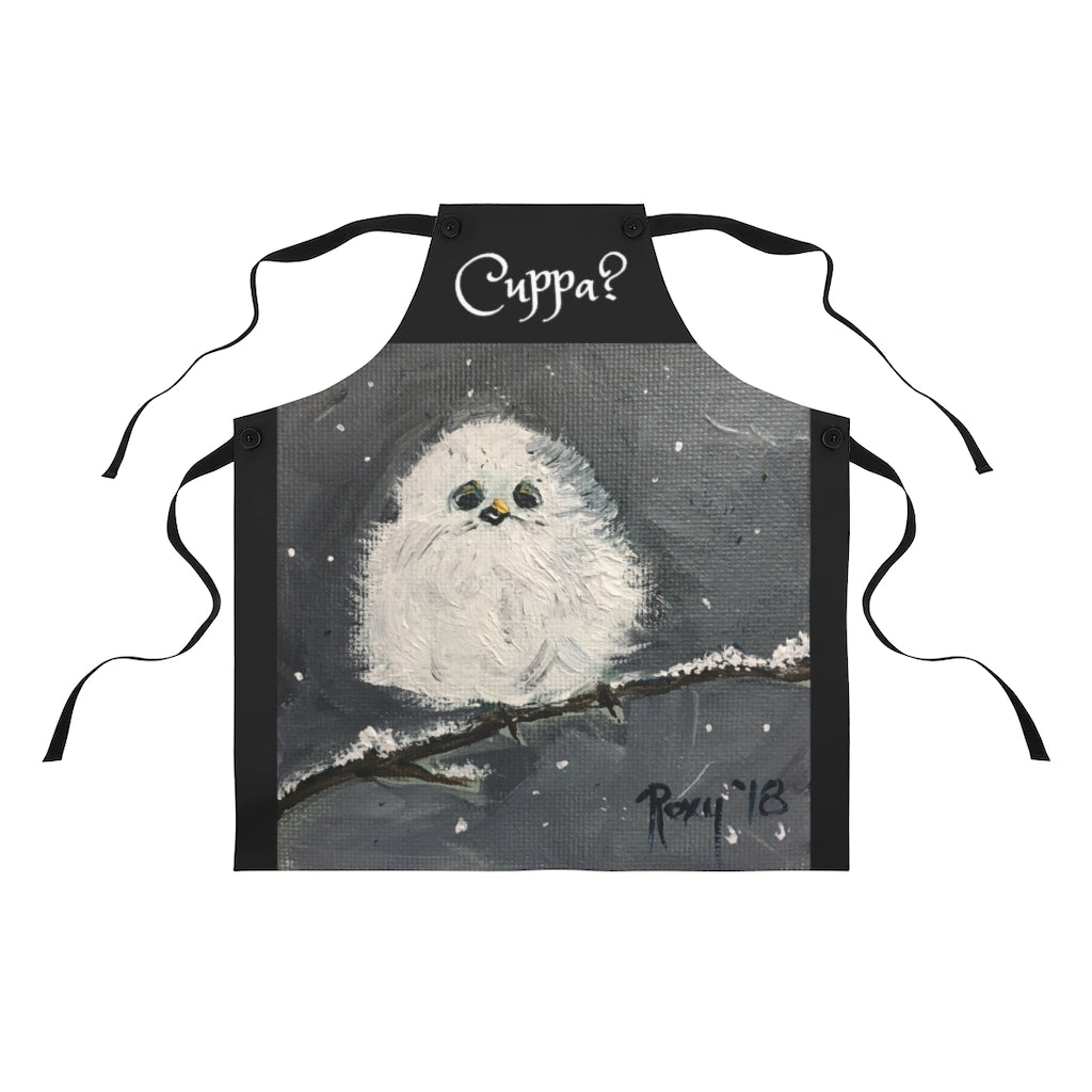 Cuppa? English UK phrase saying on a Black Kitchen Apron  with Original  Baby Tit  Bird in the Snow Painting Art Print Wearable Art