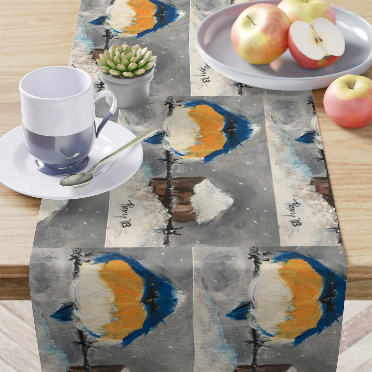 Fluffy Fat Bluebird on a Snowy Barbed Wire Table Runner