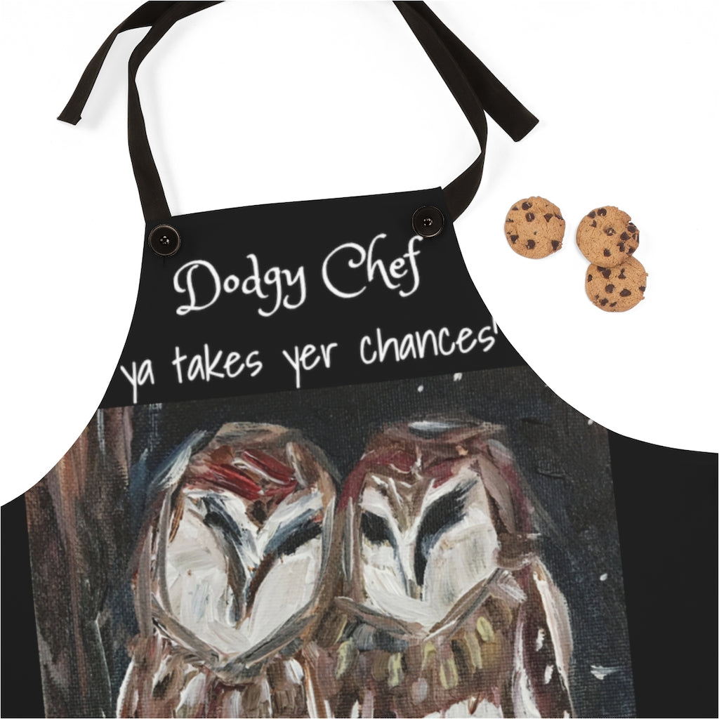 Dodgy Chef Apron funny British UK phrase saying on a Black Kitchen Apron  with Original  Owl Painting Art Print Wearable Art