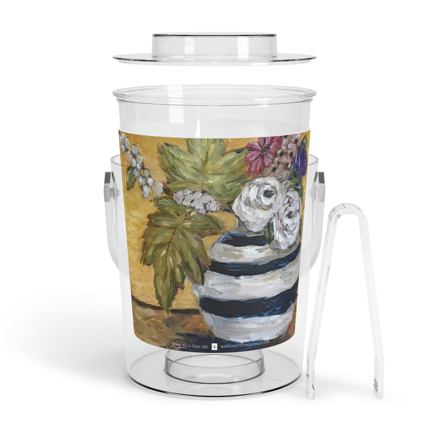 White Roses in a Striped Vase Ice Bucket