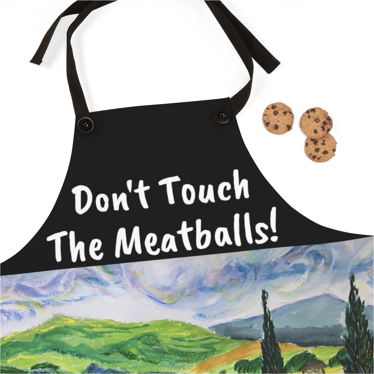 Don't Touch the Meatballs!  Funny Saying on a Black Apron with Tuscany