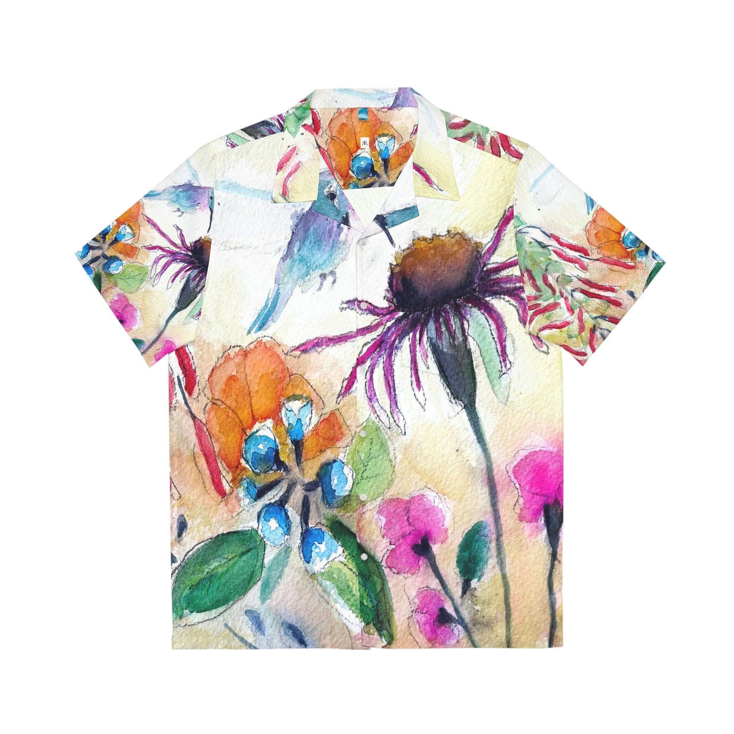 Hummingbird on a Coneflower Original Loose Floral Watercolor Men's Hawaiian Shirt