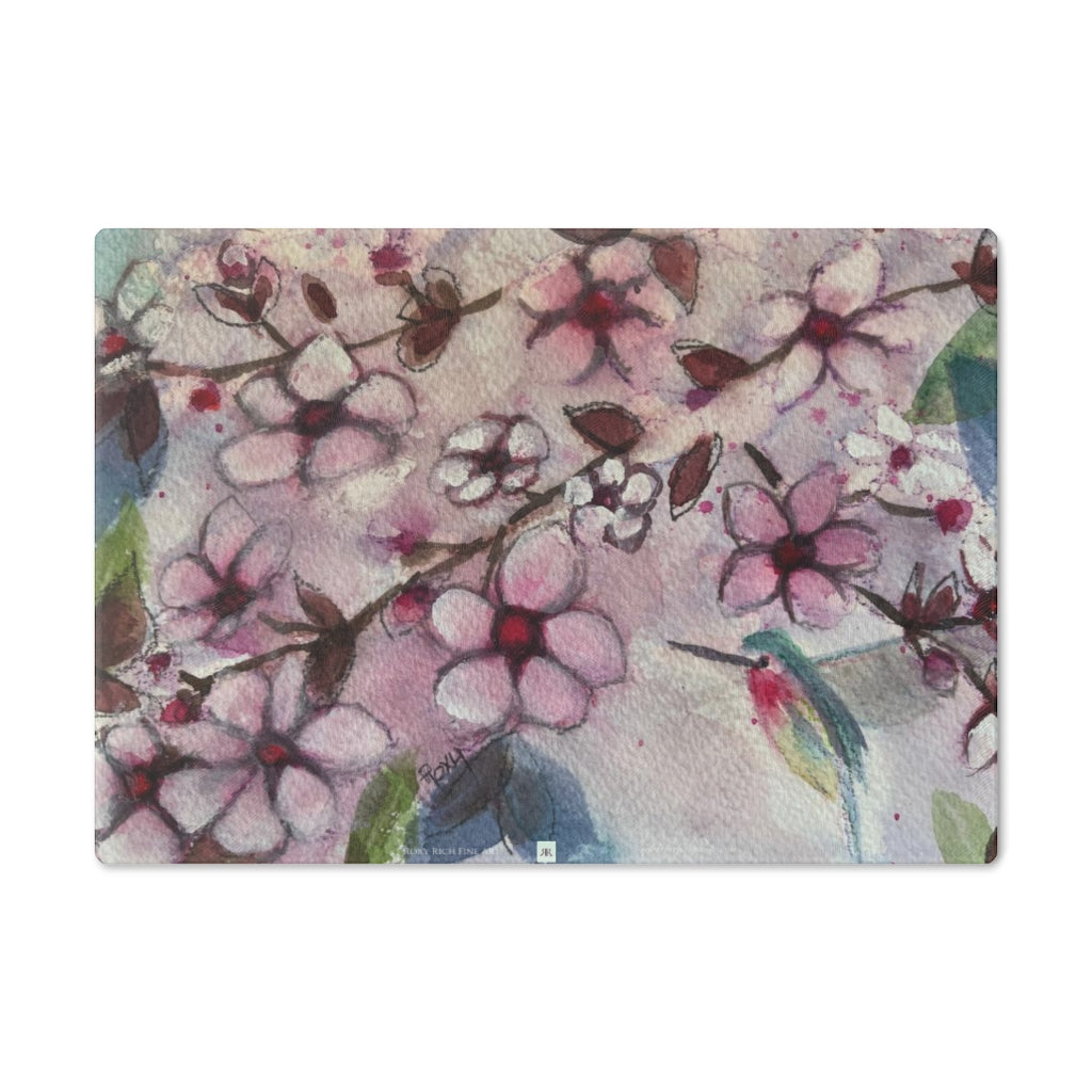 Hummingbird in Cherry Blossoms Glass Cutting Board