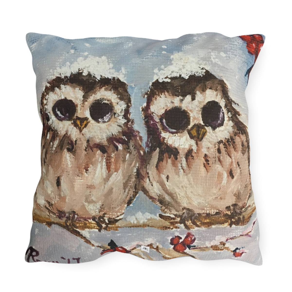 Adorable Baby Owls in Snow Outdoor Pillows