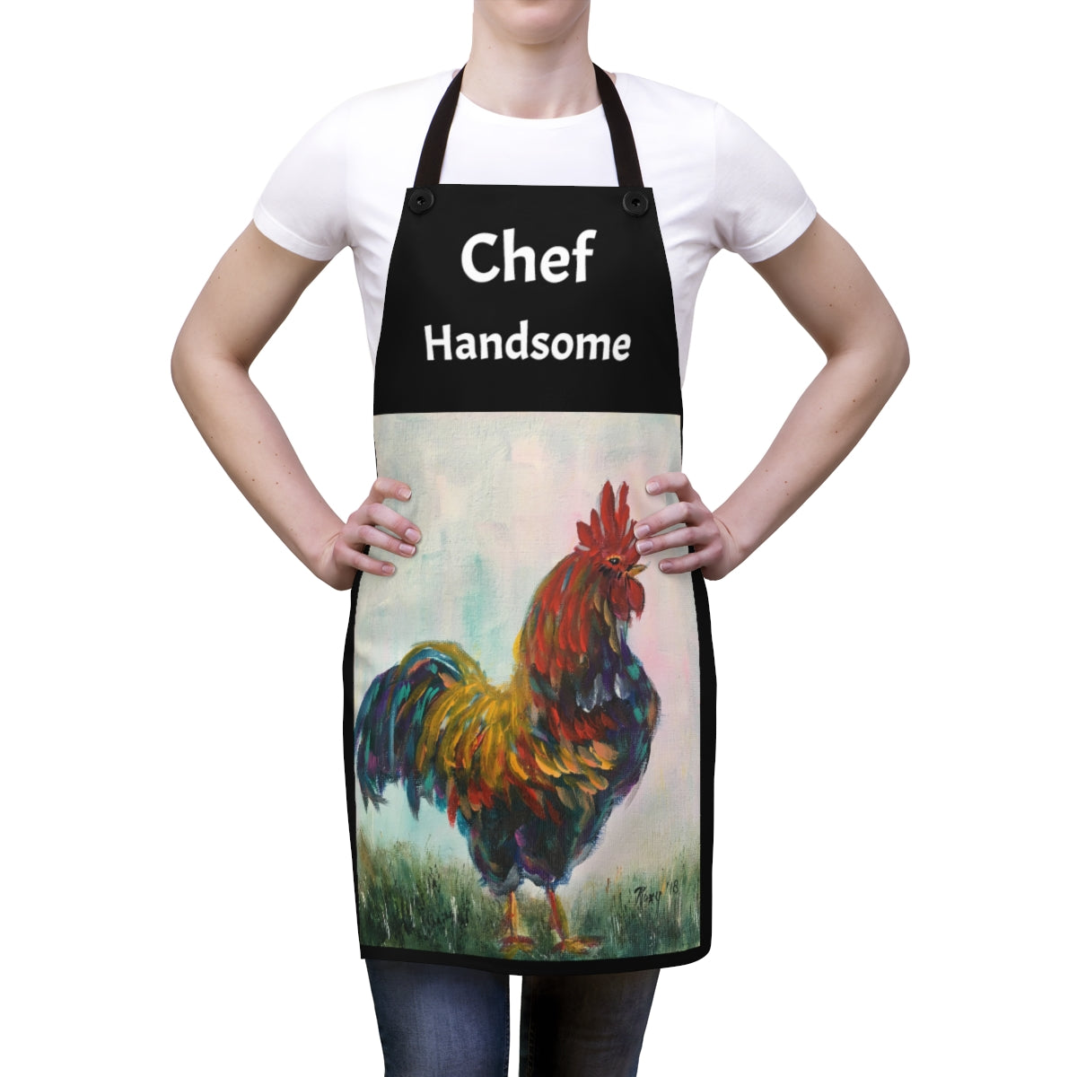 Chef Handsome   Black Kitchen Apron  Rooster Painting