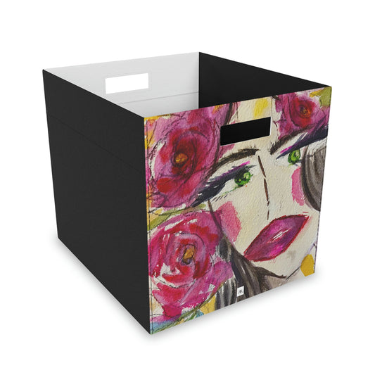 Boîte de rangement en feutre Dame colorée avec roses aquarelle « uh huh »
