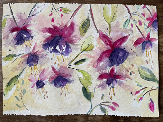 Fucsias esponjosas Pintura de acuarela floral suelta original Enmarcada