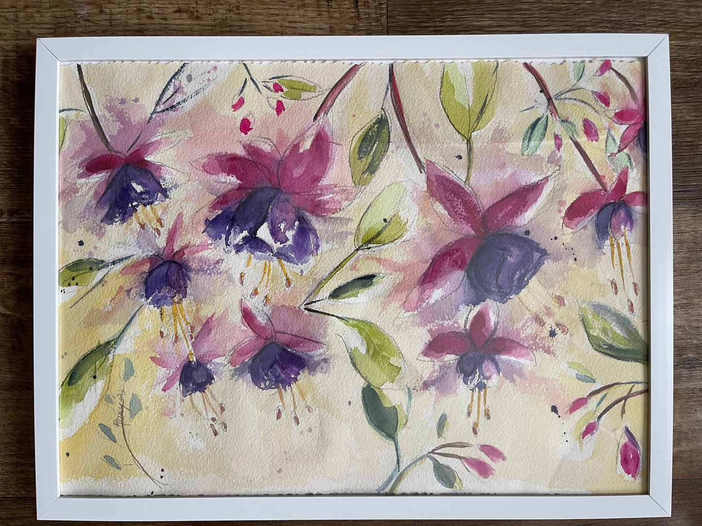Fluffy Fuchsias Original Loose Floral Watercolor Painting Framed