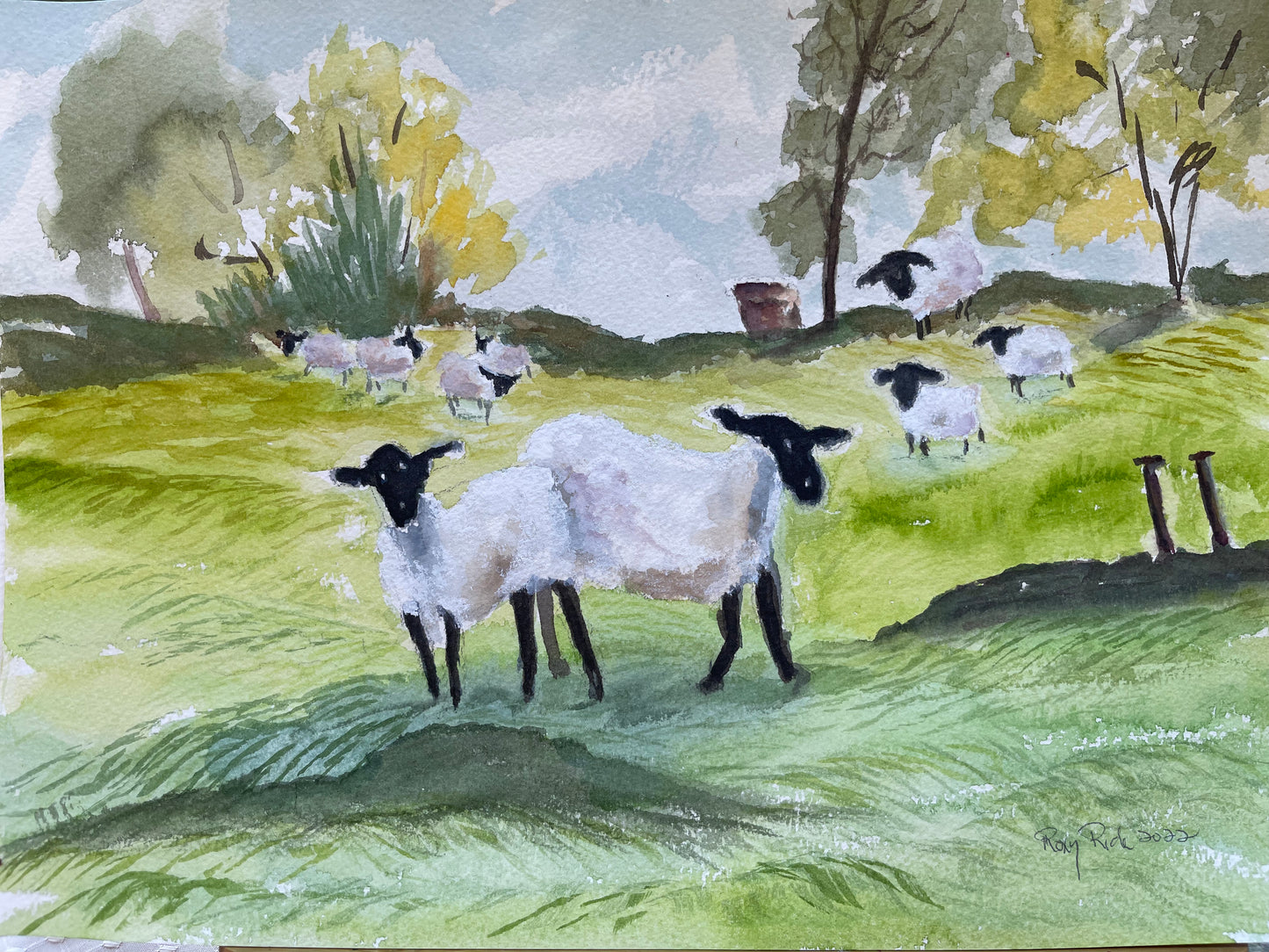English Countryside with Sheep Original Watercolor Painting