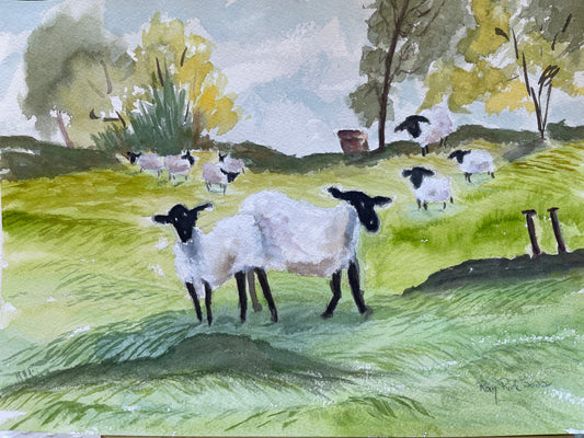 Campo inglés con pintura de acuarela original de ovejas