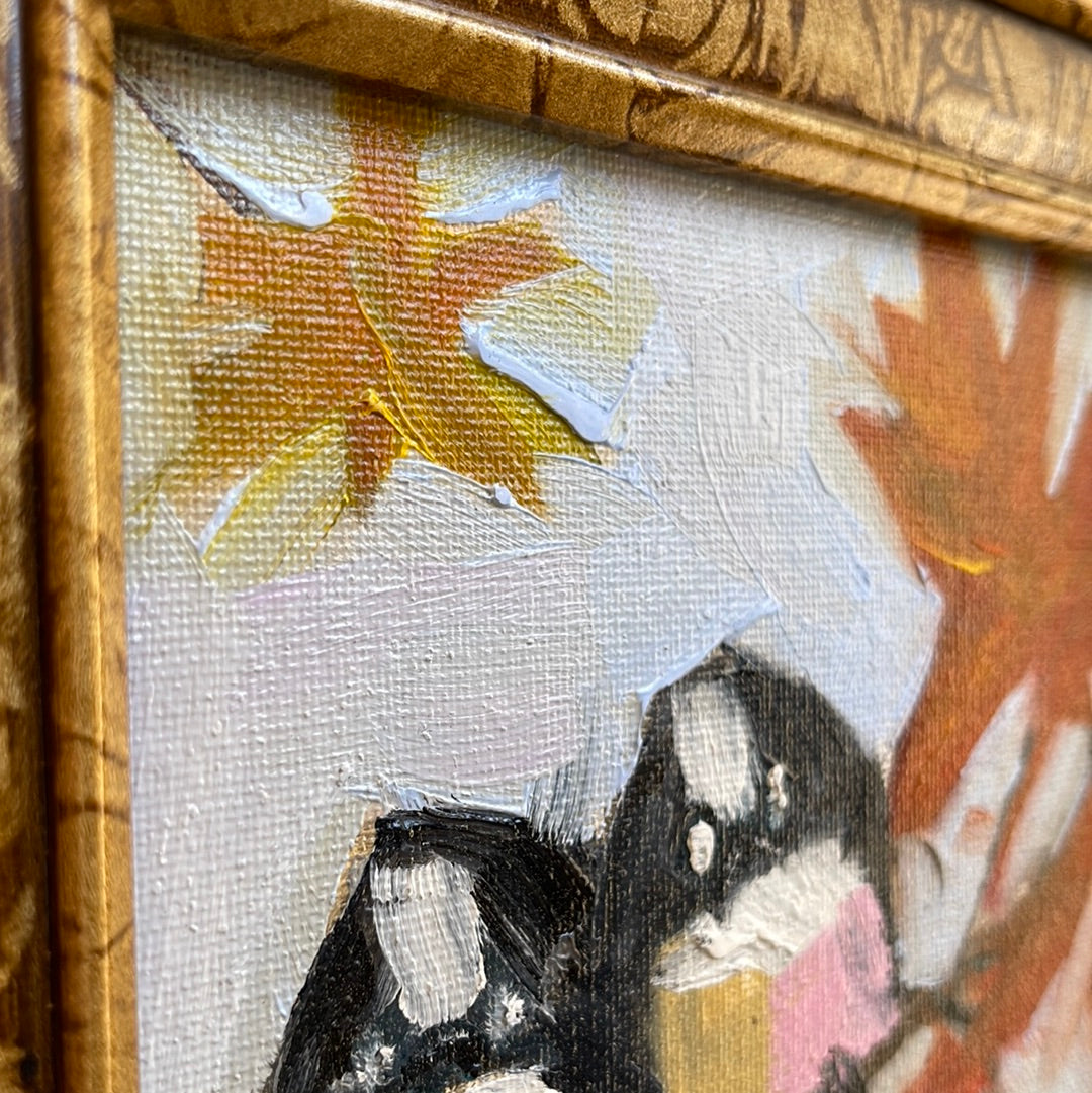 Fall Chickadees-Pintura al óleo original enmarcada