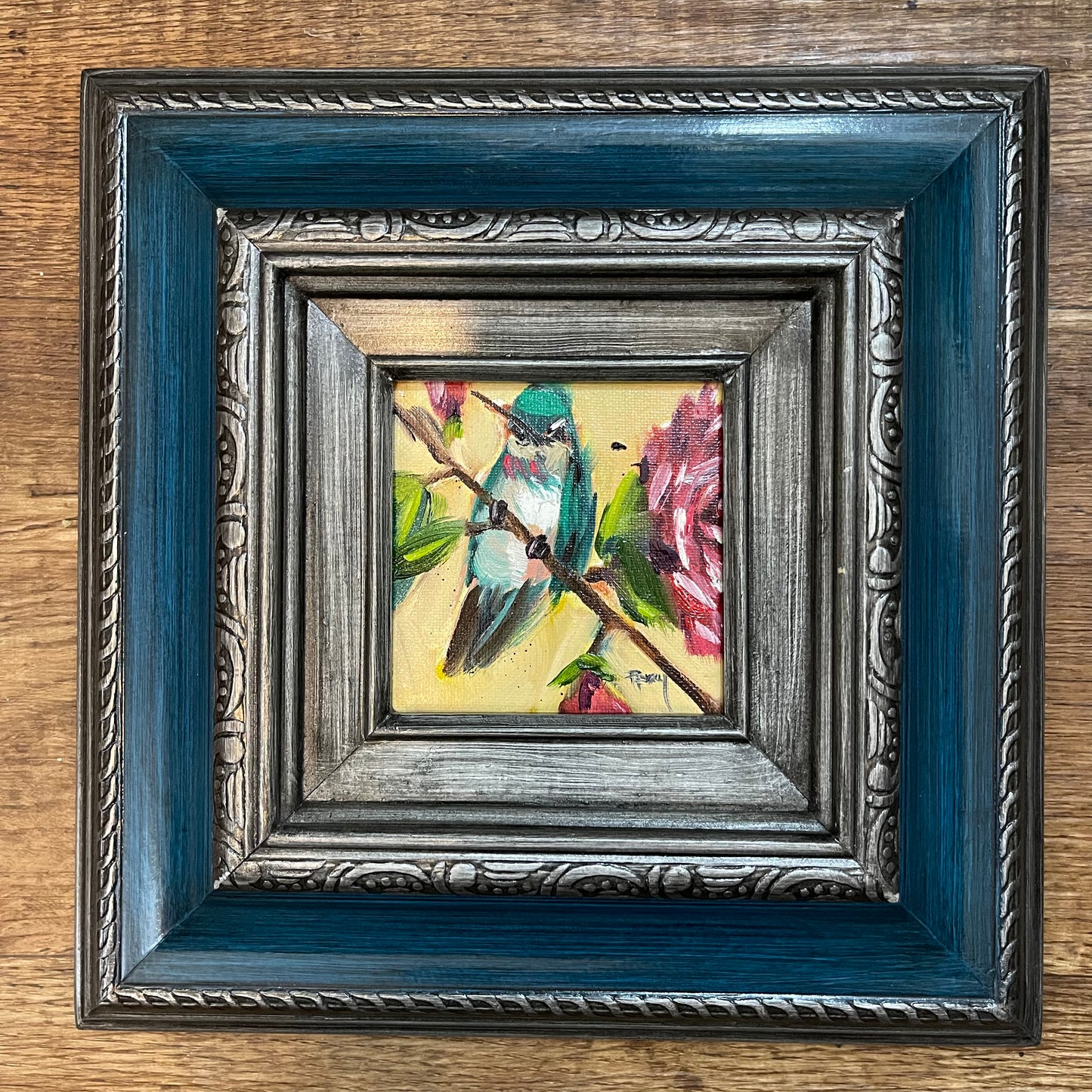 Hummingbird on a Rose Bush Original Oil Painting 4x4 Framed