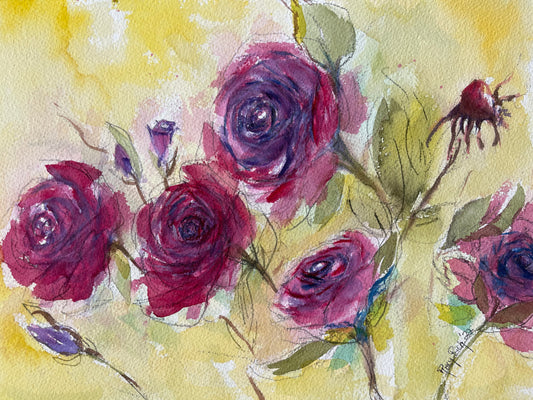 Roses rouges moelleuses - Peinture aquarelle originale