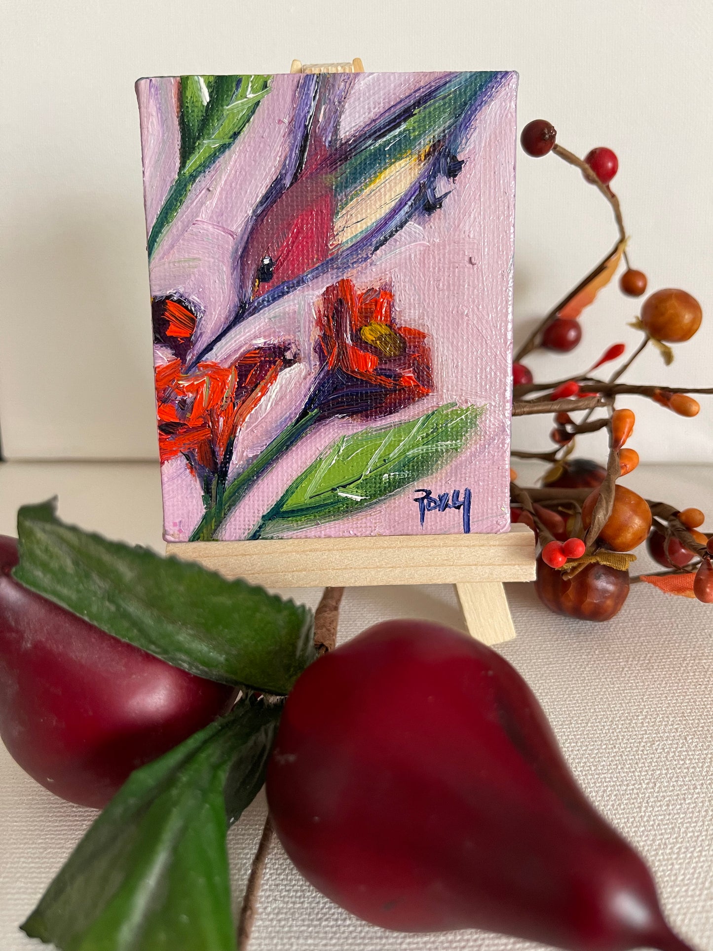 Pintura al óleo de colibrí en miniatura original con soporte