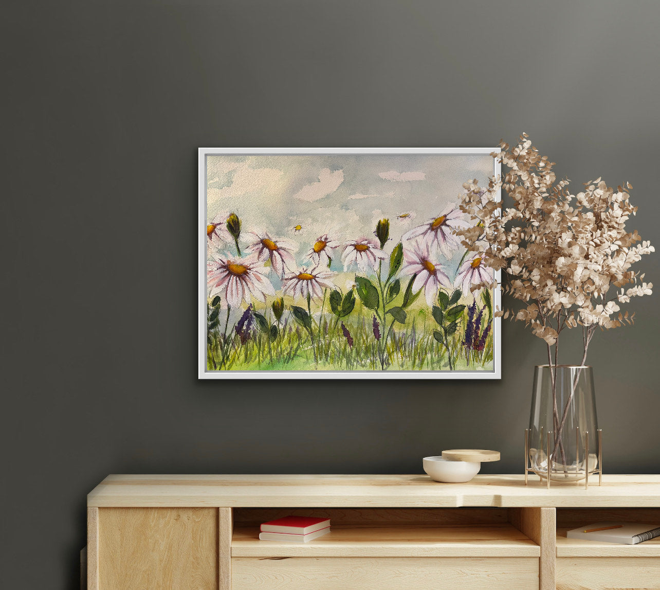 Daisy Garden Original Loose Floral Watercolor and Gouache Painting Framed